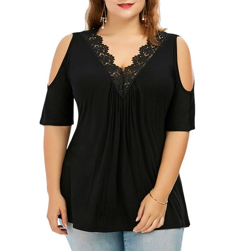 

V Collar Off Shoulder Splicing T Shirt, Black