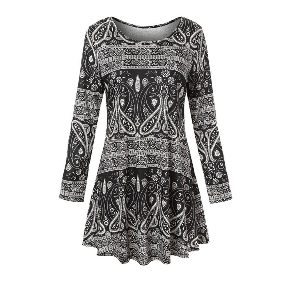 

Women's Round Neck National Style Print Long Sleeve Swing Casual T-shirt, Black