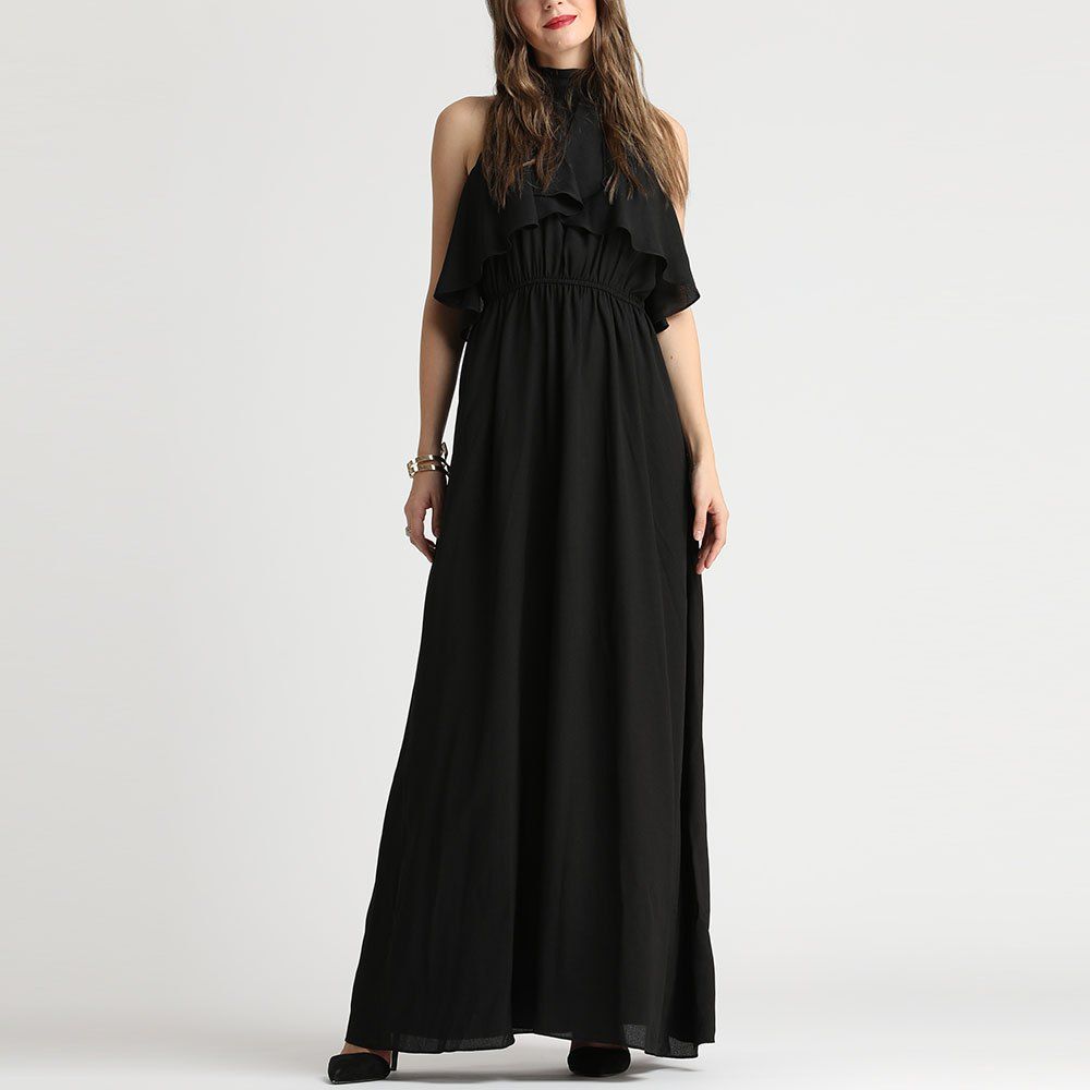 

SBETRO Black Maxi Dress Ankle Length Chiffon Mockneck Tier