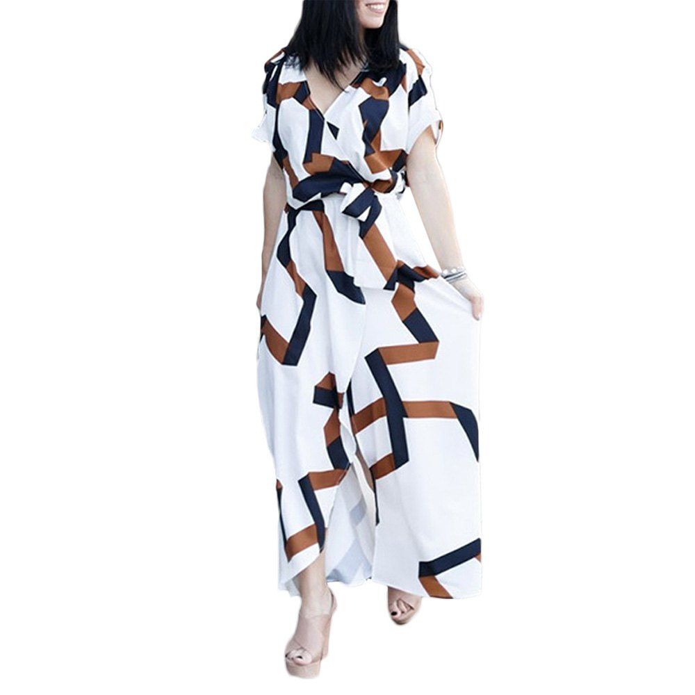 

Women'S Aline Dress V Neck Short Sleeve Front Split Colorblock Maxi Long Dress, White
