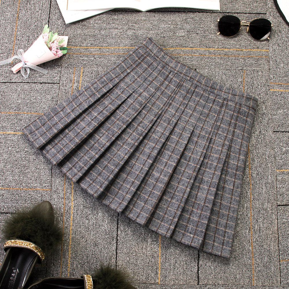 

Woolen Plaid High Waist Slim Pleated Skirt Multicolor A-Line Skirt, Blue gray