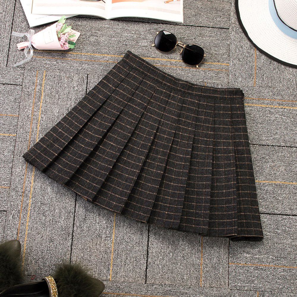 

Woolen Plaid High Waist Slim Pleated Skirt Multicolor A-Line Skirt, Carbon gray