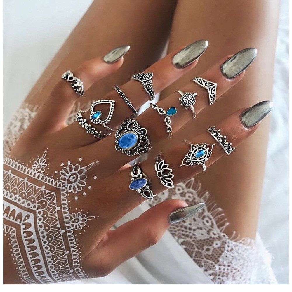 

13-PIECE Set Bohemian Fashion set Carved Crown Starry Sky Precious Stones, Silver