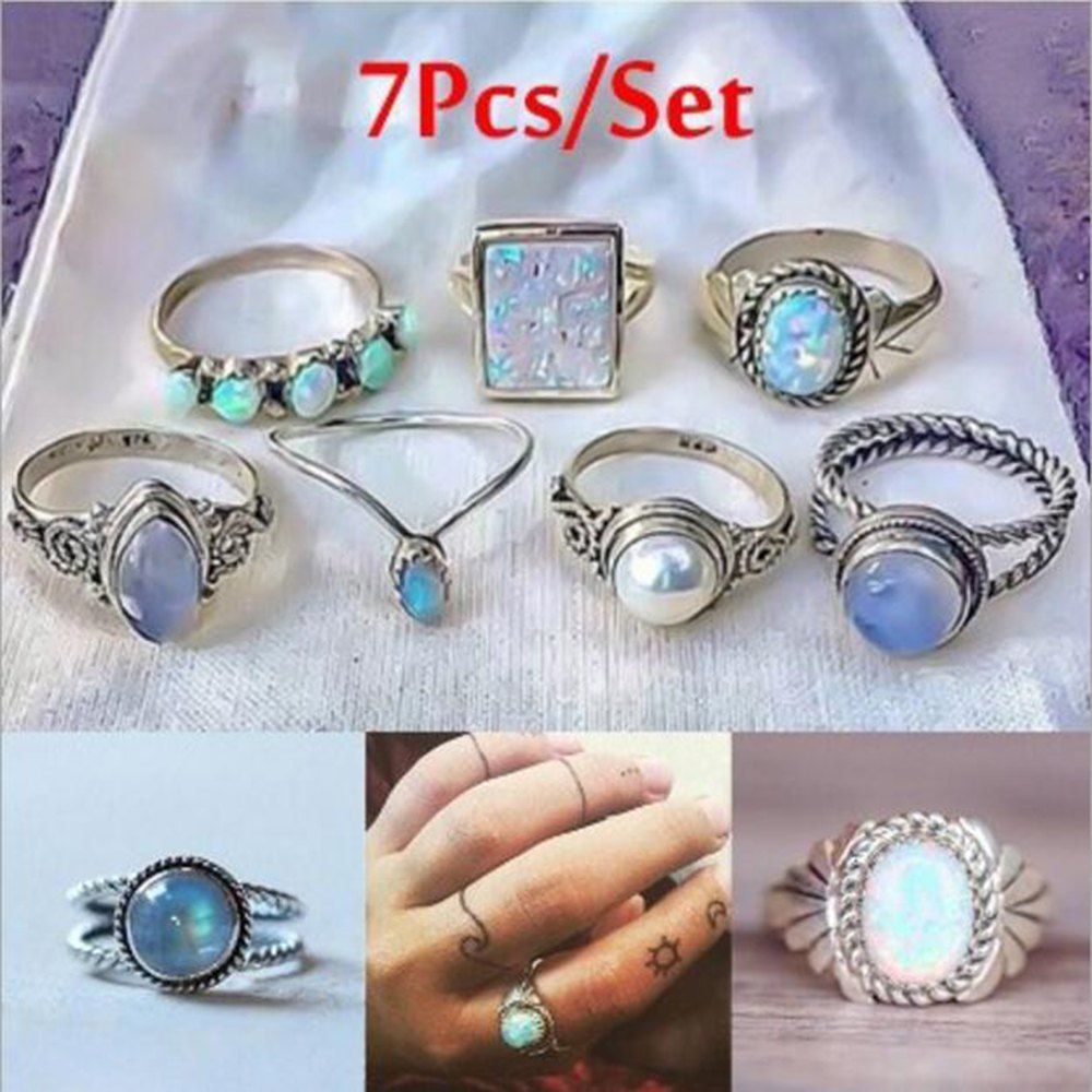 

Set of 7 Pieces Women'S Fashion Colored Gem Pearl Ring Suit, Silver
