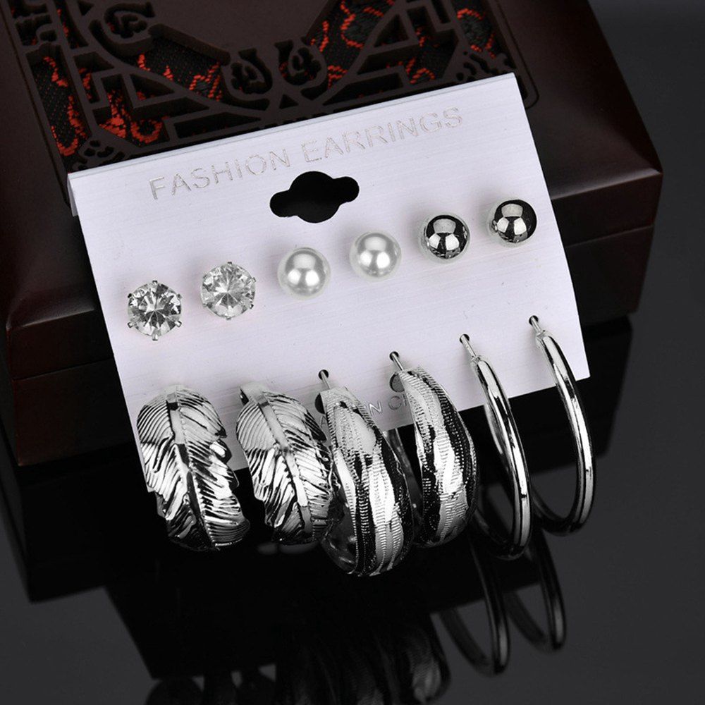 

6 Pairs Women'S Fashion Trendy Personal Earring Set Leaf Ring Diamond Earrin, Silver