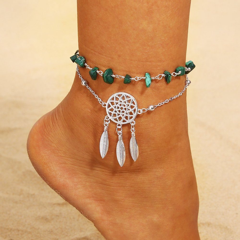 

Hollow Dreamcatcher Irregular Turquoise Anklet Feather Pendant, Silver