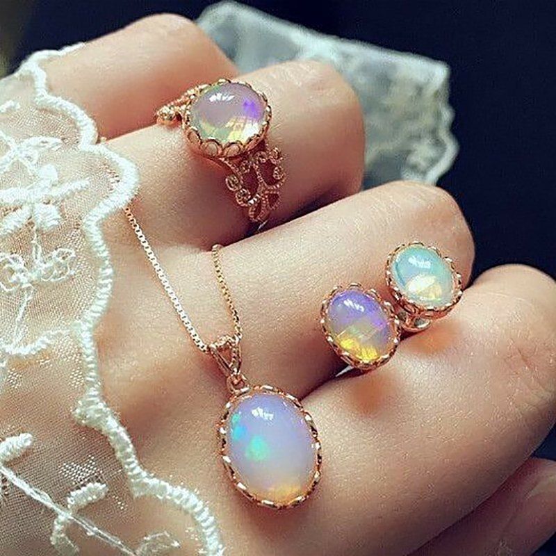 

Vintage Opal Jewelry Sets For Woman Pendant Necklaces Water Drop Earrings Ring, Gold