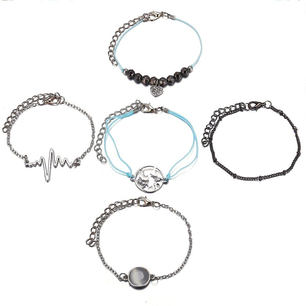 

Fashion ECG Map Heart Shaped Round Crystal Pendant Bracelets Set, Silver