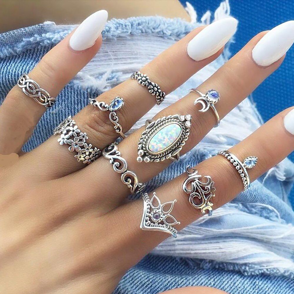 

10 Pcs/Set Vintage Lotus Crown Opal  Women Crystal Handmade Sun Rings, Silver