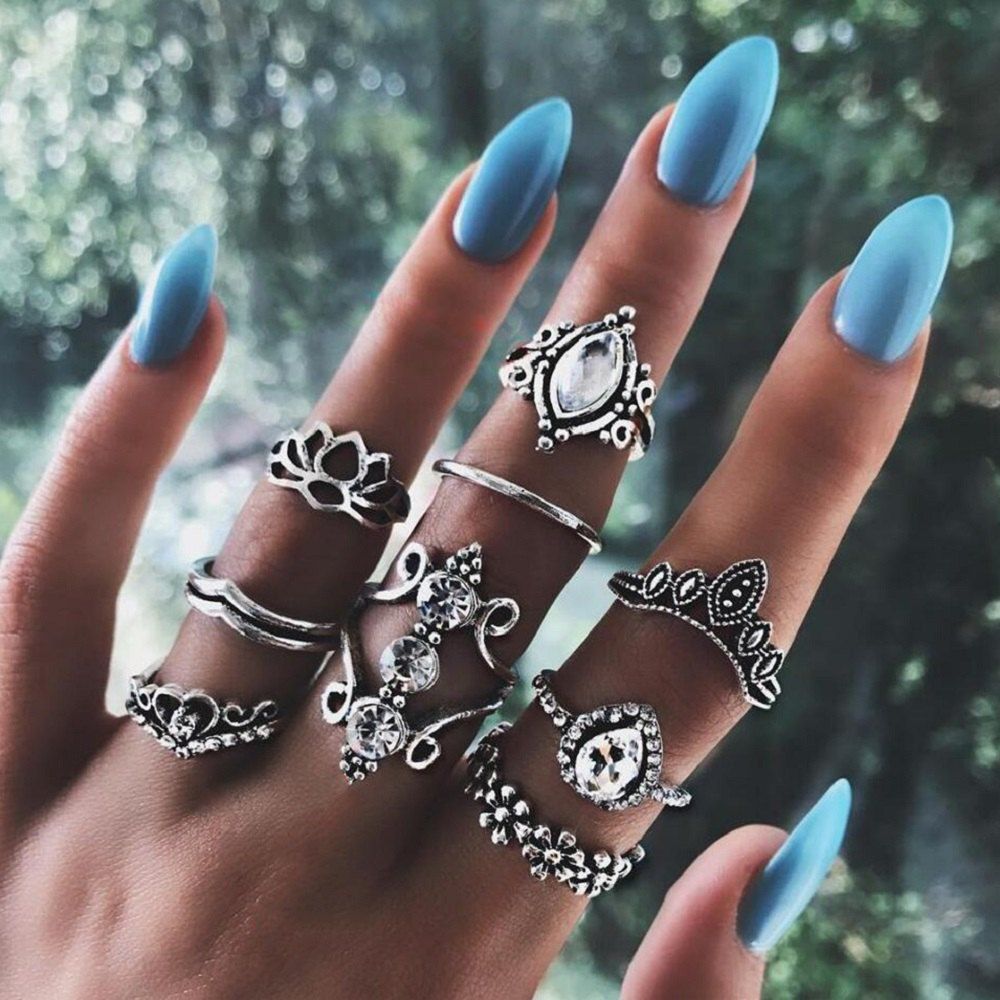 

9 P/Set Bohemian Crystal Crown Ring Sets for Women Silver Color Lotus Stone Rin