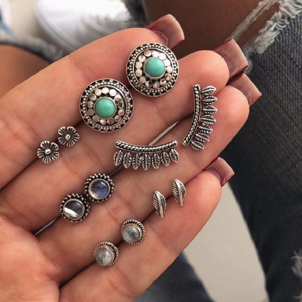 

Set Green Opal Stud Earrings for Women Party Flower Pattern Earring, Silver