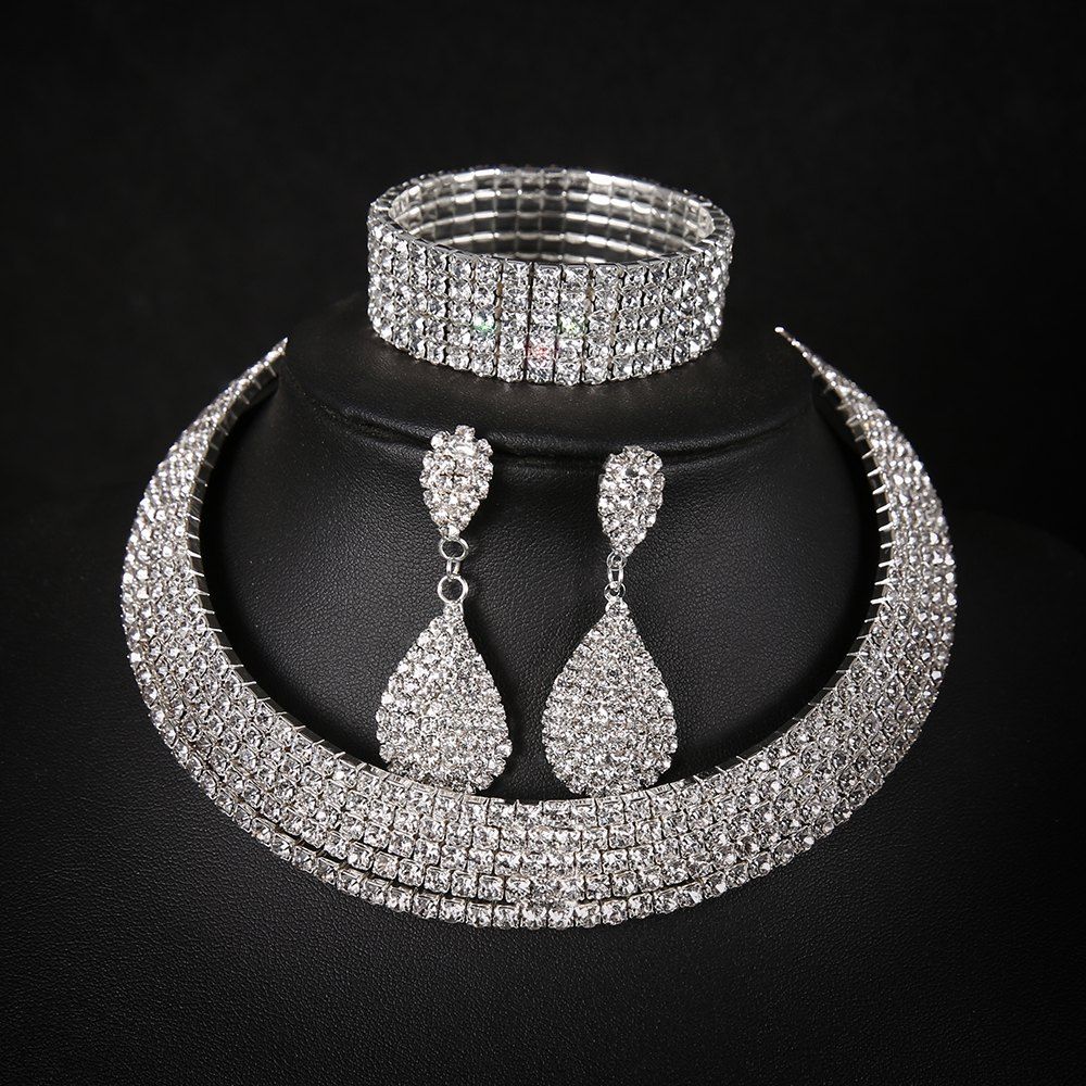 

Full-Featured Multi-Layer Collar Set Necklace Drop Earrings Bracelet, Silver