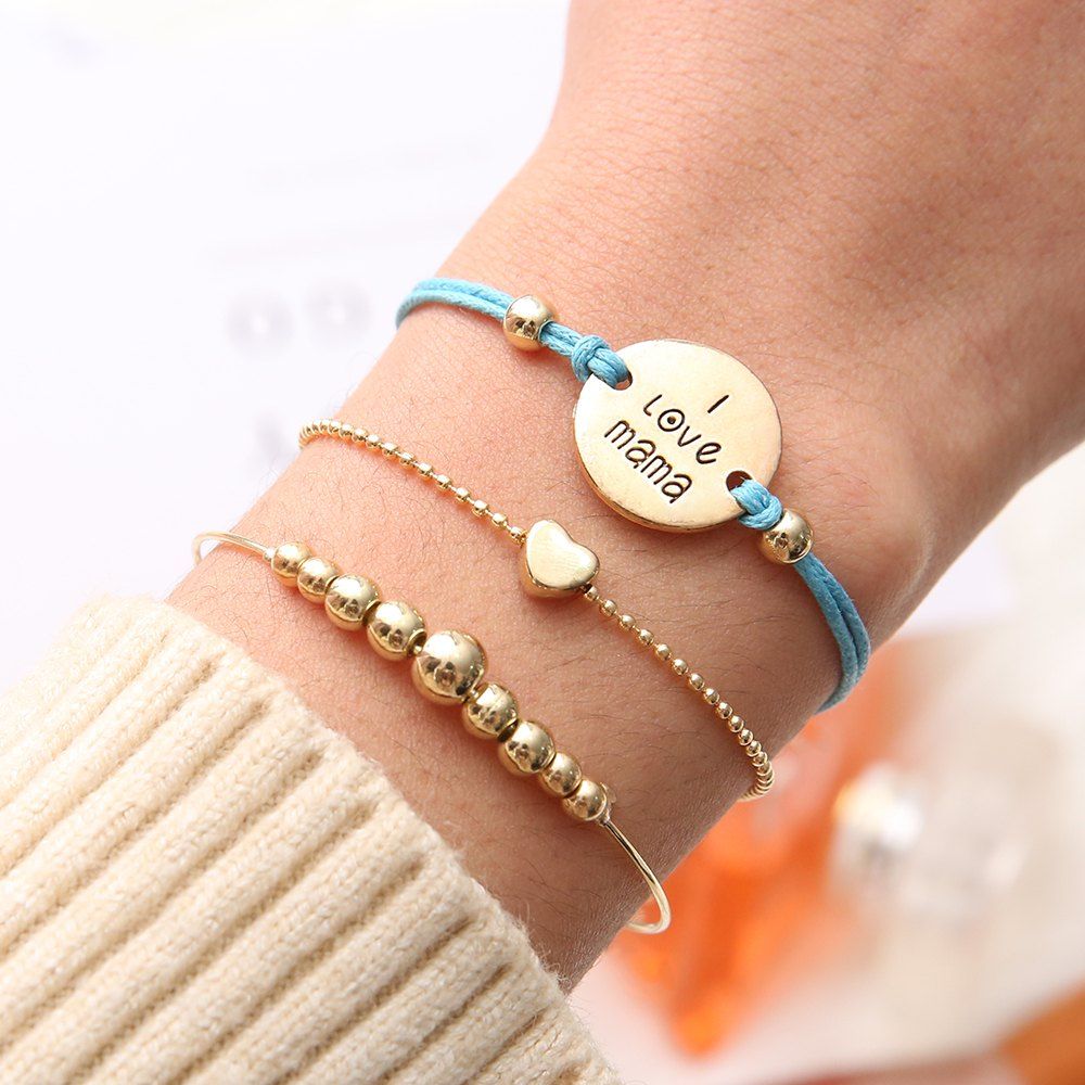 

European and American Fashion Personality Love Beaded Disc Bracelet 3 Piece Set, Gold