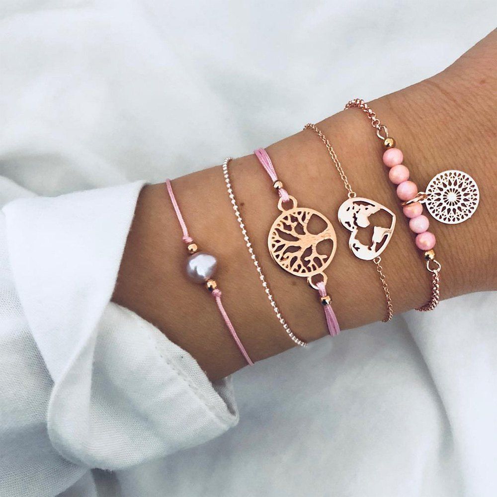 

5-PIECE Set of Fashionable Women'S Jewelry Hand-Woven Bead Map Bracelet, Gold