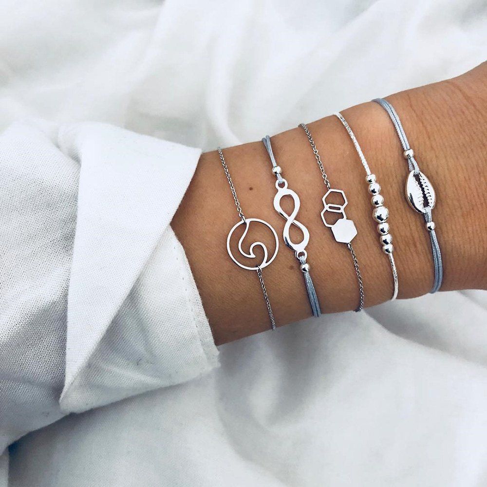 

5-PIECE Set Women'S Fashion Jewelry Shells Waves Geometry Beaded Bracelets, Silver