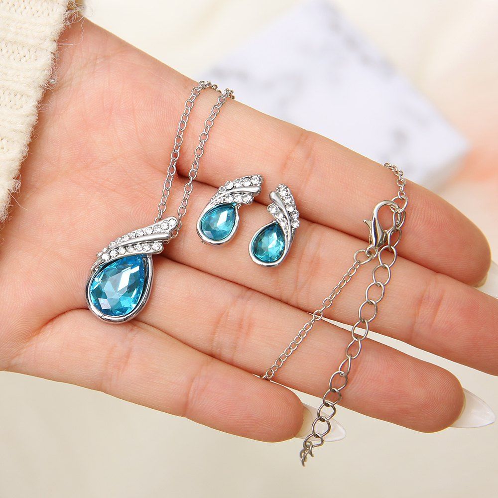 

Fashion Personality Blue Diamond Angel Tear Earrings Necklace Suit Women