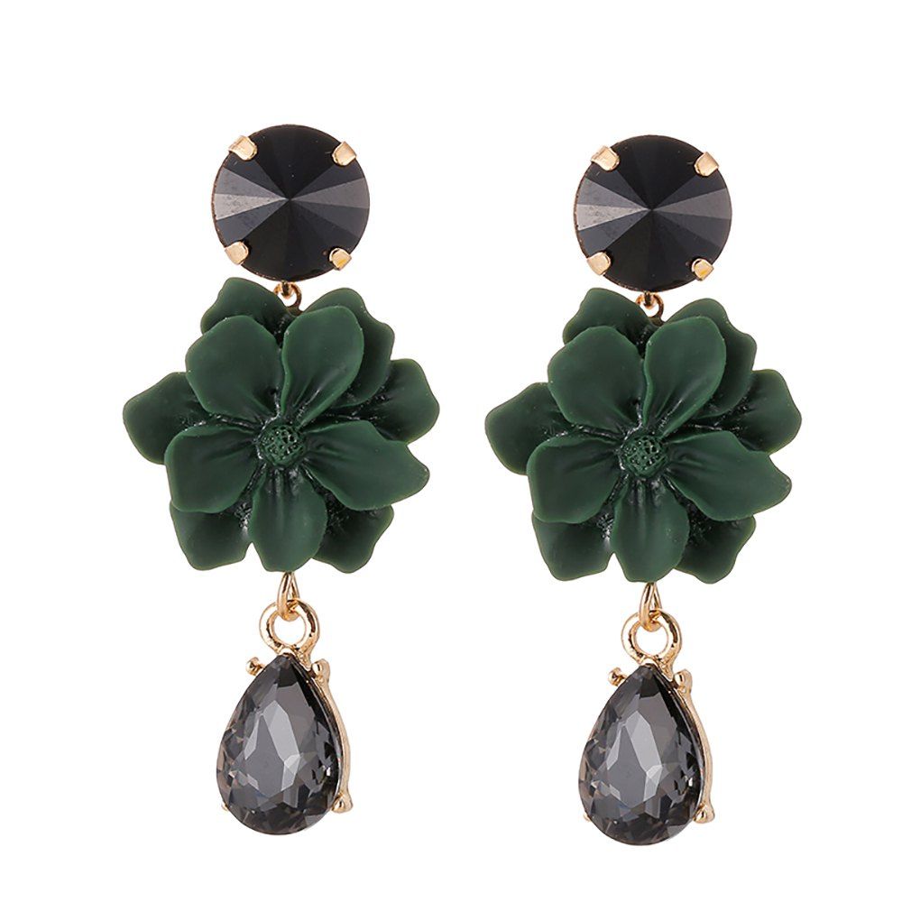 

Temperament Girl Web Celebrity Crystal Grows Flower Earring, Dark forest green