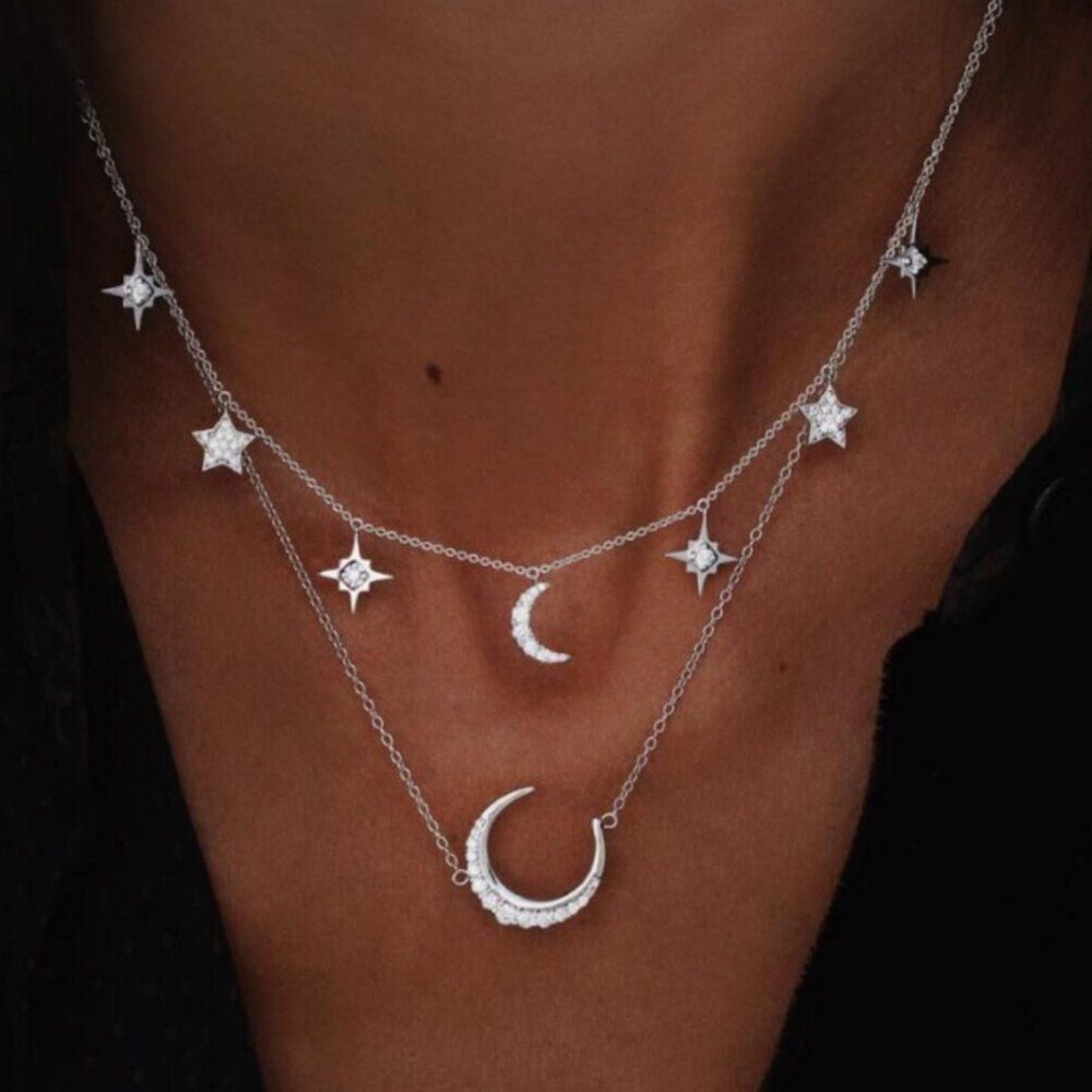 

Women'S Fashion Wind Moon Stars Pendants Double Necklaces Ornaments Girls, Silver