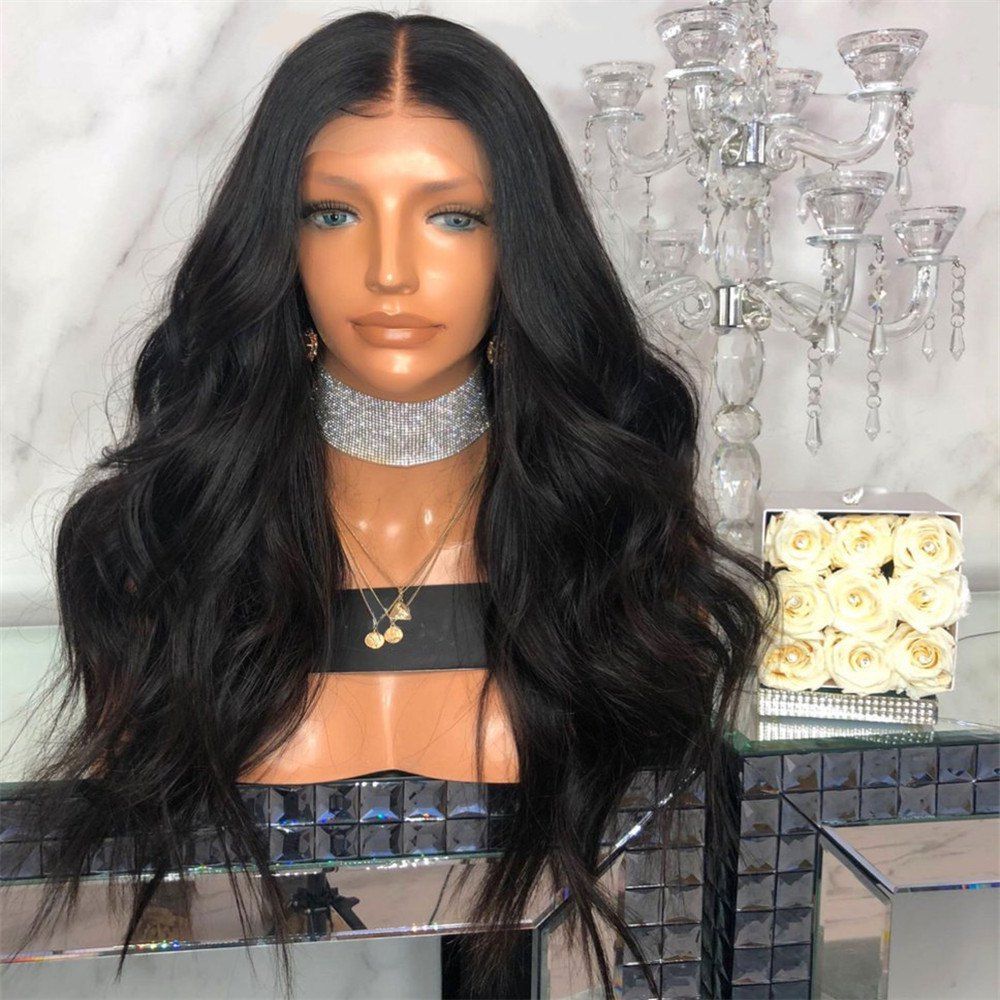 

European Beauty Long Curly Hair Lady Wig Chemical Fiber Wig, Jet black