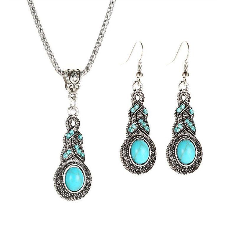 

Vintage Crystal Turquoise Earrings Necklace Jewelry Set, Grayish turquoise