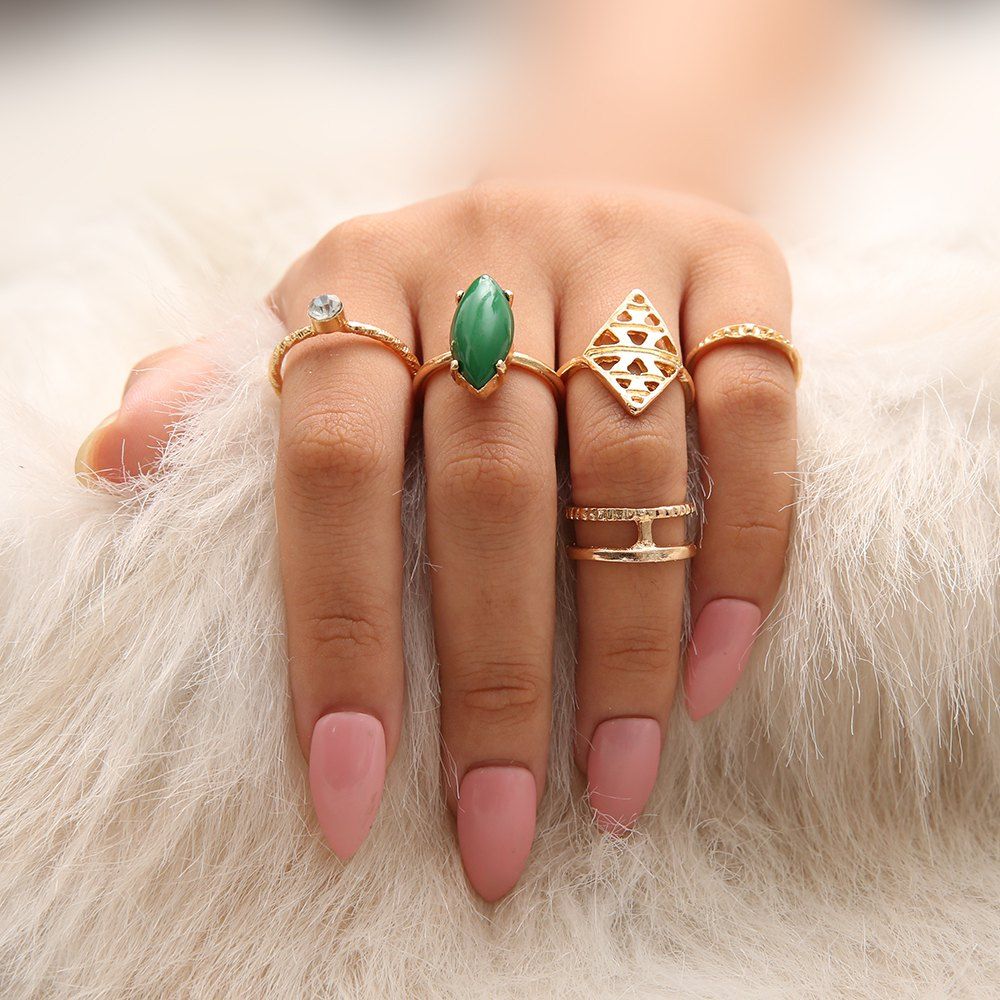 

5 PCS/Set Green Red Stone Rings Set Women Gold Wave Crystal Knuckle Rings
