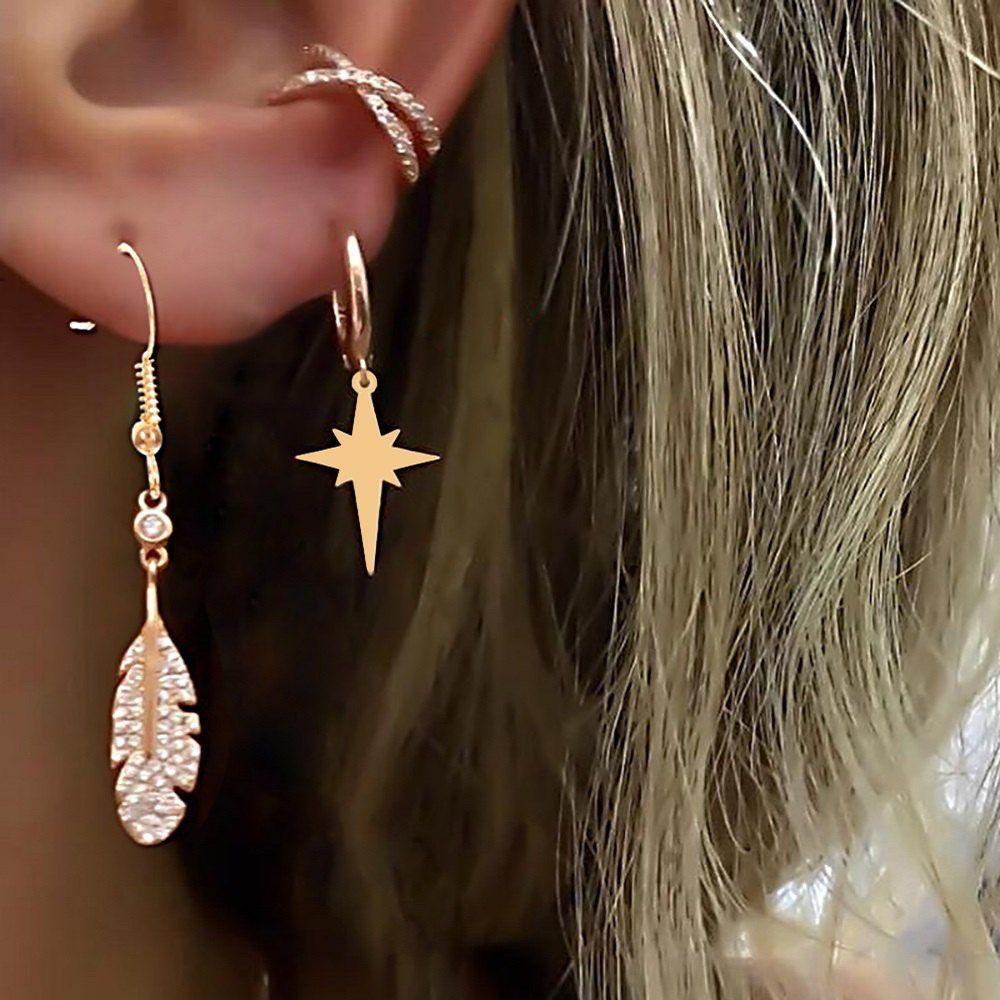 

3 Pcs/set Crystal Stars Feather Earrings Women Gold Color New Bohemian Earring