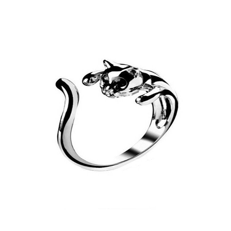 

Women's Personality Opening Black Cat Kitten Ring, Silver