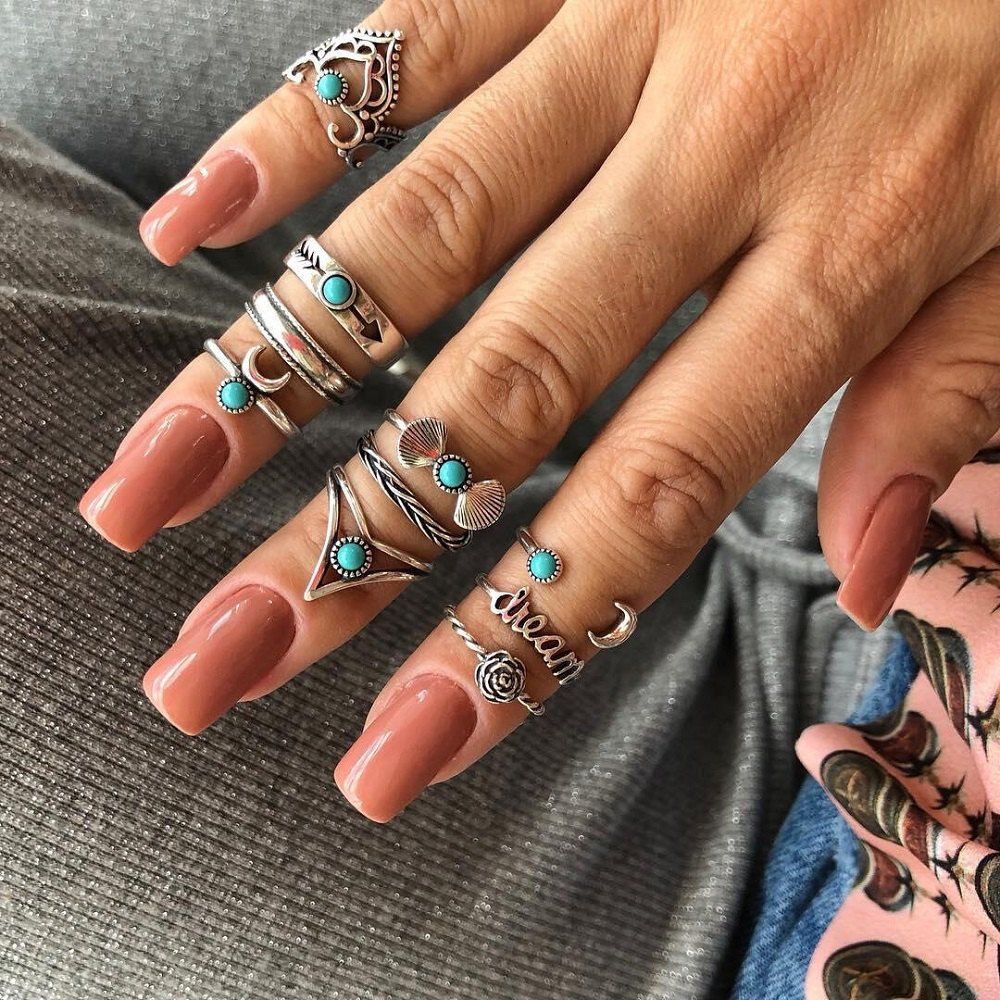 

10 PCS/Set Vintage Bohemian Ring Moon Flower Geometric Knuckle Rings Jewelry, Silver