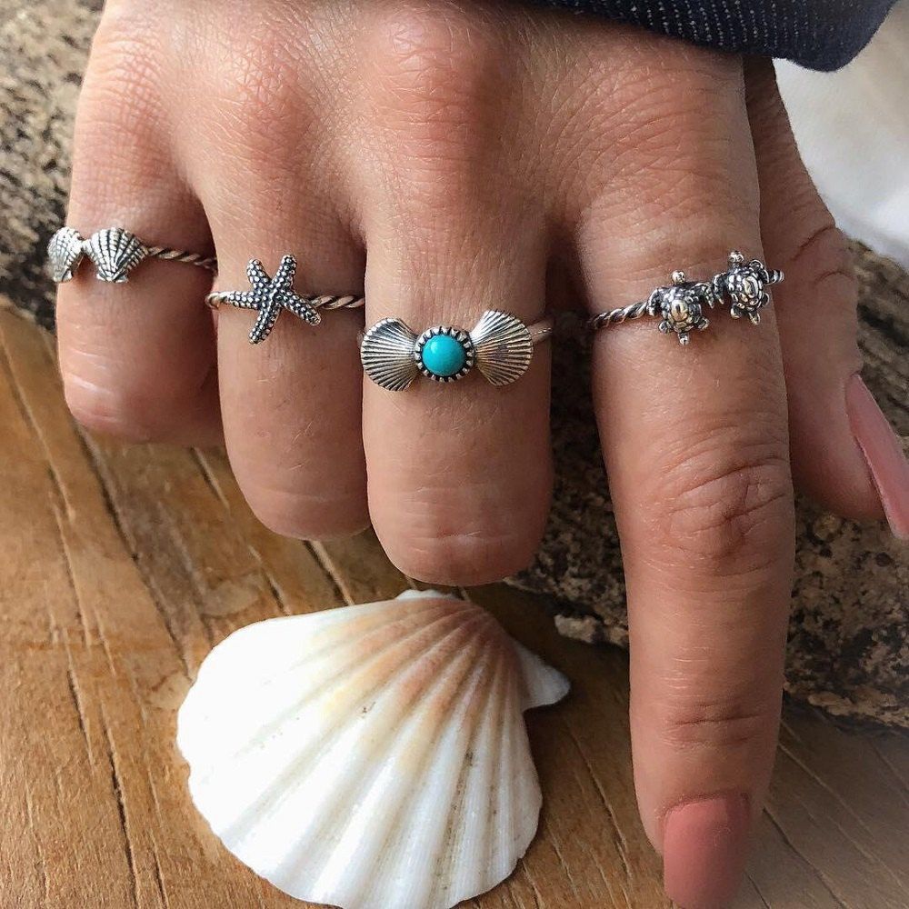 

4 PCS/Set Boho Turtle Shell Starfish Rings Women Vintage Stone Knuckle Rings, Silver