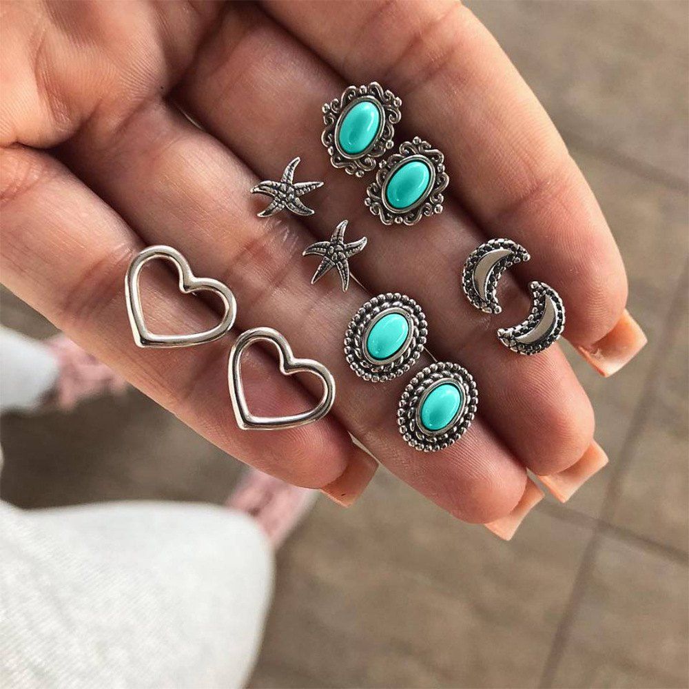 

Bohemian Fashion  of Heart-Shaped Dazzling Turquoise Earrings Set Women, Silver