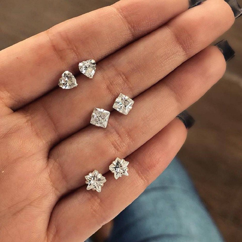 

3 Pairs/Set Crystal Heart Star Stud Earrings Set Woman Jewelry Dazzling Earring, Silver