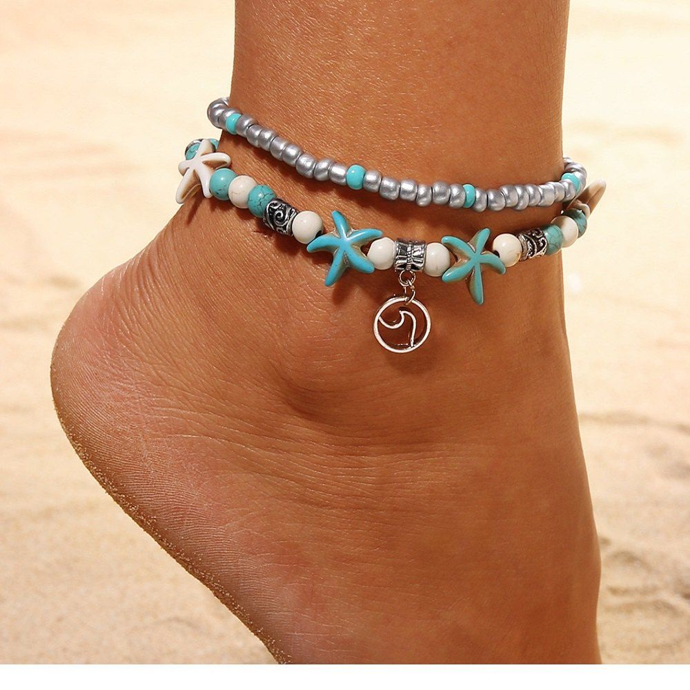 

Vintage Double Layer Anklets Star Elephant Foot Bracelet Women Boho Anklet, Silver