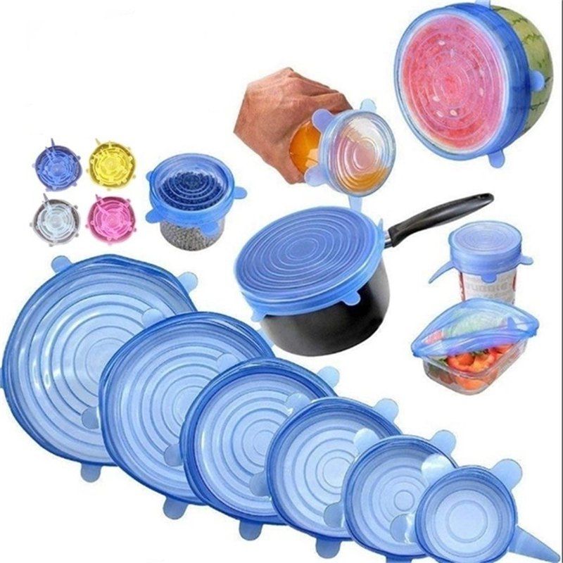 

6PCS Reusable Silicone Stretch Lids Keep Fresh Food Kitchen Storage Wraps Cover, Blue