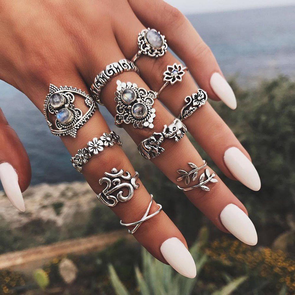 

Bohemian Retro Silver Elephant Lotus Suit Women'S Ring 11-PIECE Set