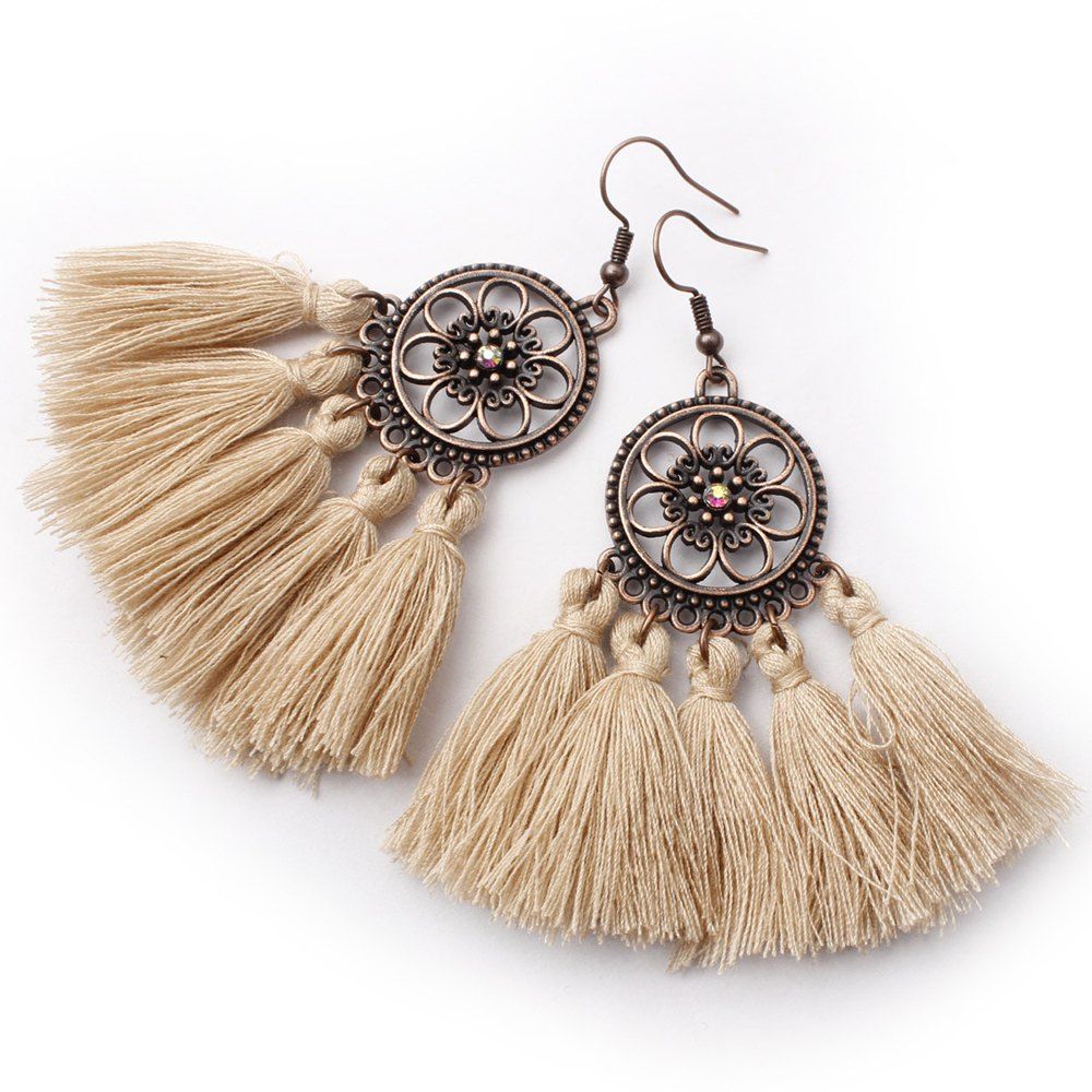 

Floral Circle Long Fringed Earrings in Alloy, Multi-j