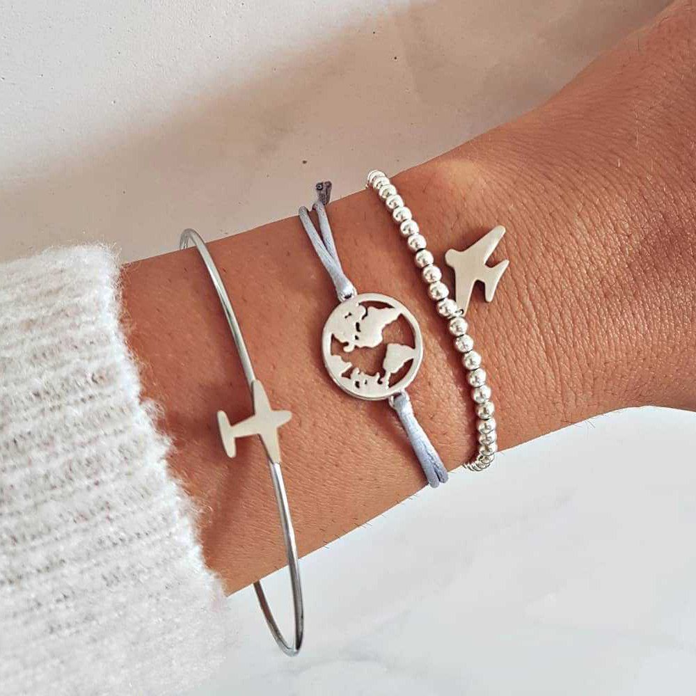 

3 Pieces Fashion Personality Sweet Girl Airplane World Map Bracelets, Platinum