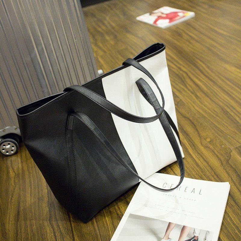 

New Contrast Color Handbag Campus Soft Leather Tote PU Shoulder Bag, White