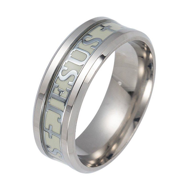 

Jesus Glowing Luminous Ring JESUS Alphabet Male Titanium Steel Ring, Silver