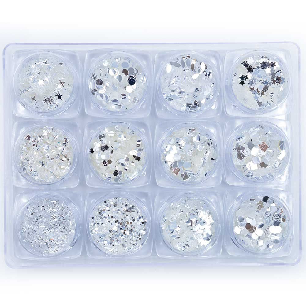 

1 Box 12 Shape Glitter 3D Silver Ultrathin Sequins Mixed Butterfly Nail Decors