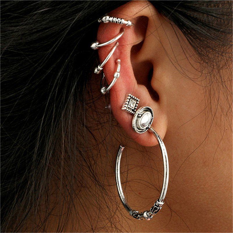 

7 Pcs Big Circle Ear Nails for Selling Fashion Ladies, Silver
