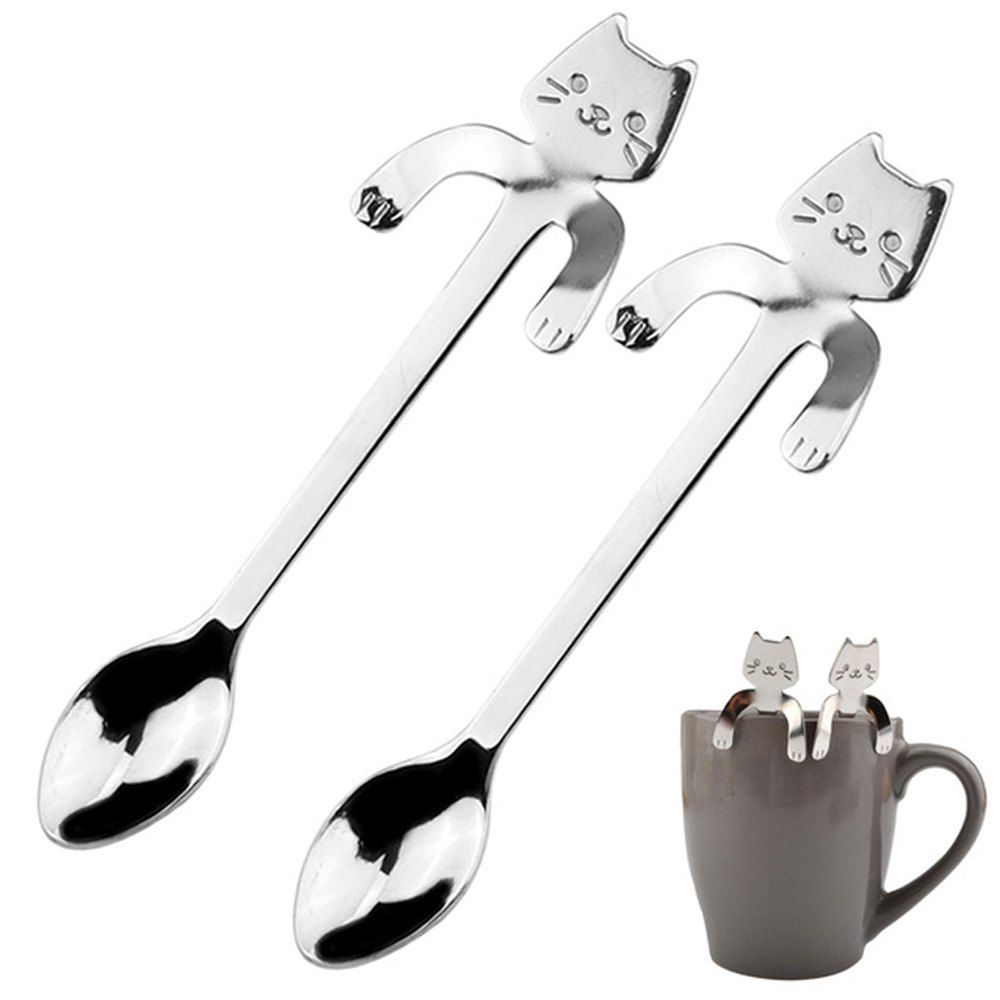 

Creative Coffee Cat Long Handle Spoons Flatware Drinking Tools, Silver