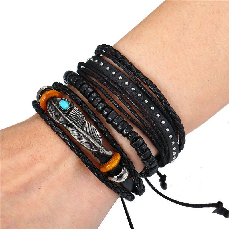 

Fashion Feather Turquoise Leather Beads Adjustable Bracelets Set, Multi-a