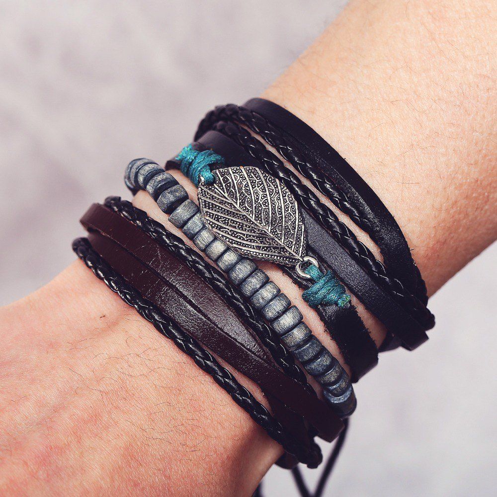 

Fashion Leather Beads Leaf Bracelets Set, Multi-a