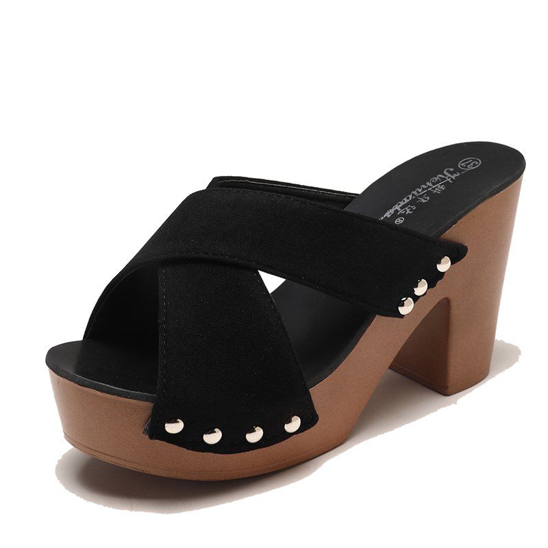 

Coarse Rivets Comfortable High Heeled Sandals, Black