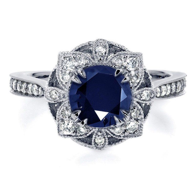 

Stylish Openwork Sapphire Flower Zircon Ring, Silver