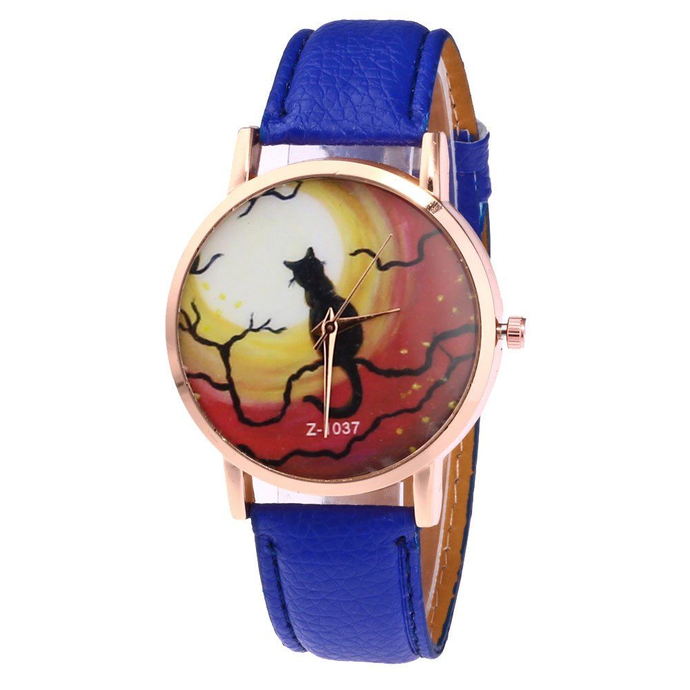 

New Casual Personality Moonlight Cat Print Pattern Quartz Belt Watch, Blue
