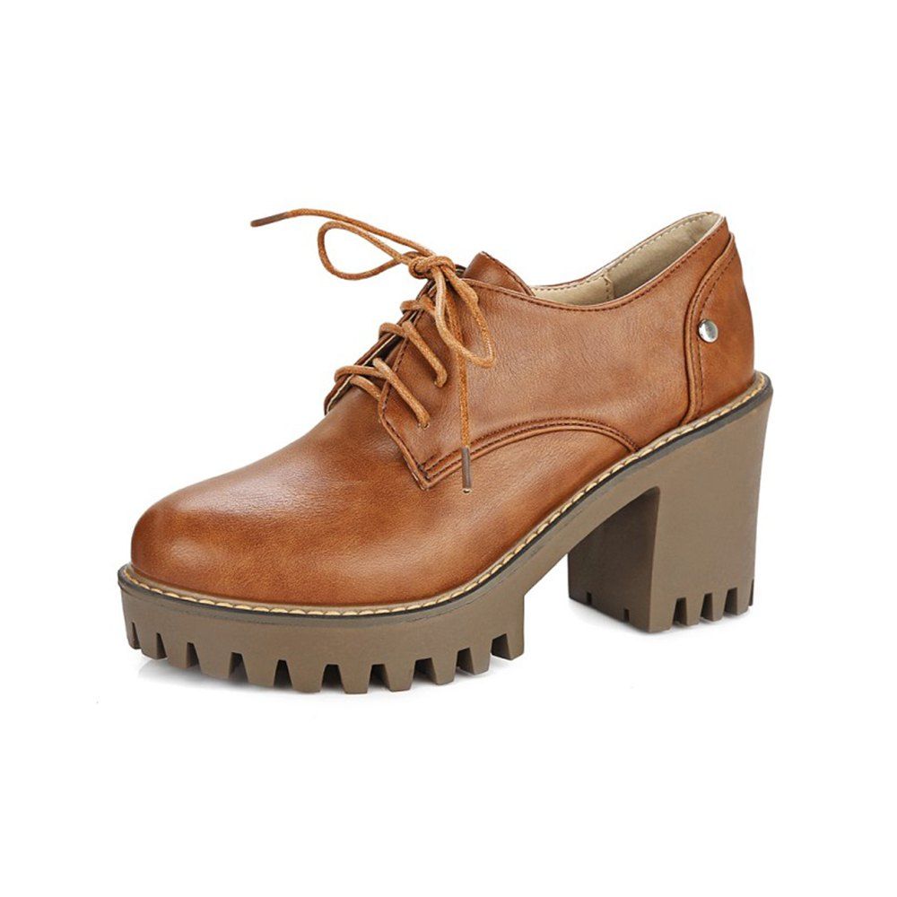 

Spring and Autumn Round Head Thick and Thick with Heel High Heel Shoes, Light brown
