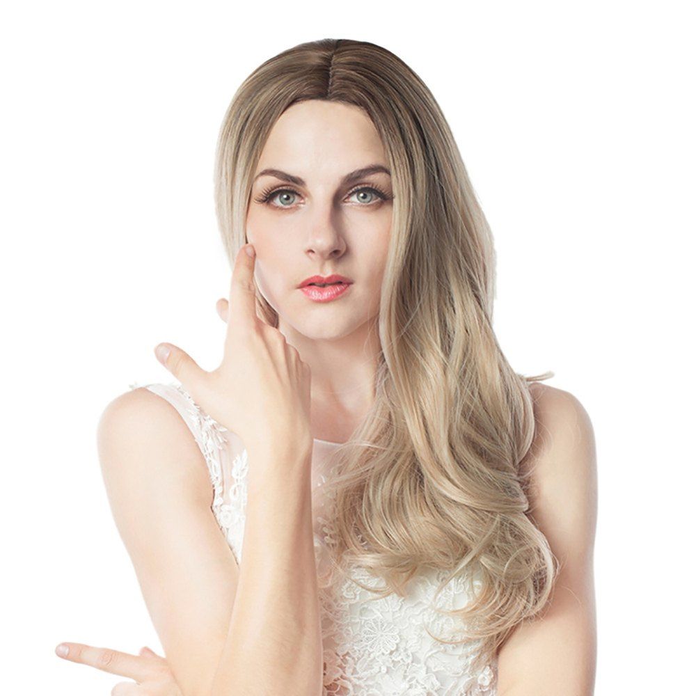 

Stylish Golden Colour Mixture Long Curly Hair High Temperature Synthetic Wig, Champagne gold