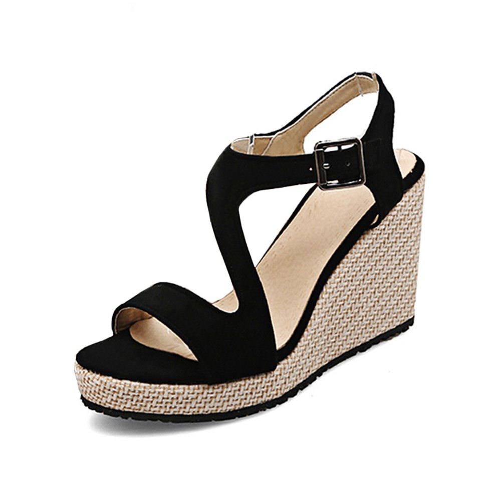 

Summer Wedge with An Open Toe Straw High Heel Buckle Women'S Sandals, Black