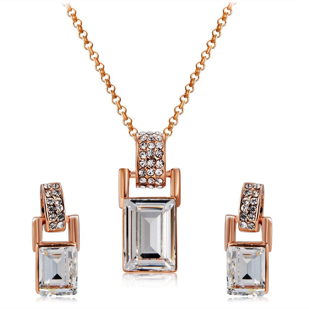

Rose Gold Barrel Crystal Inlay Pendant Necklace Earring Set, Copper